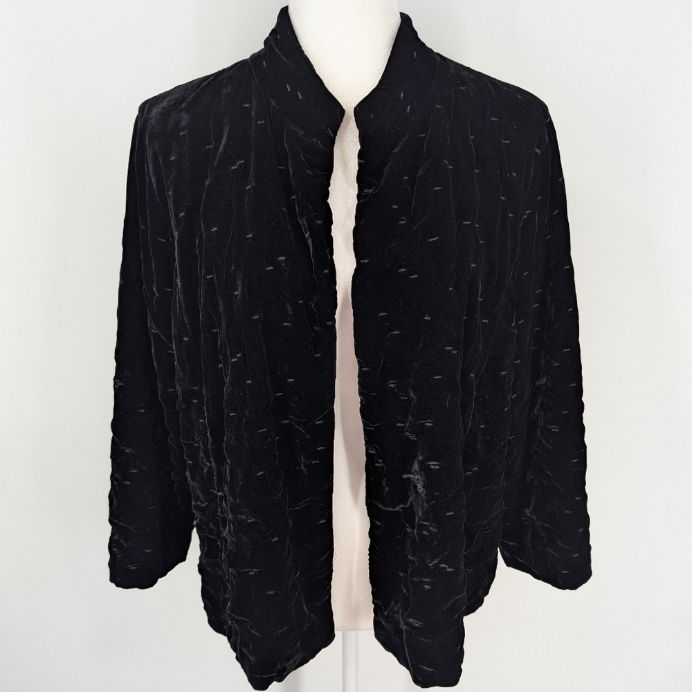 Eileen Fisher Silk Blend Black Velvet Collared Open Front Bartack Jacket Small